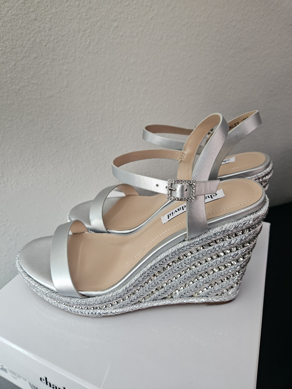 Charles David Silver Braided Wedge Sandals with Buckle